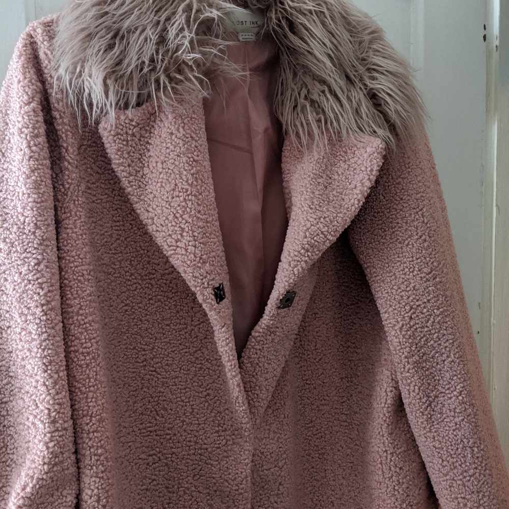 Pink lost ink cocoon coat with faux Mongolian fur